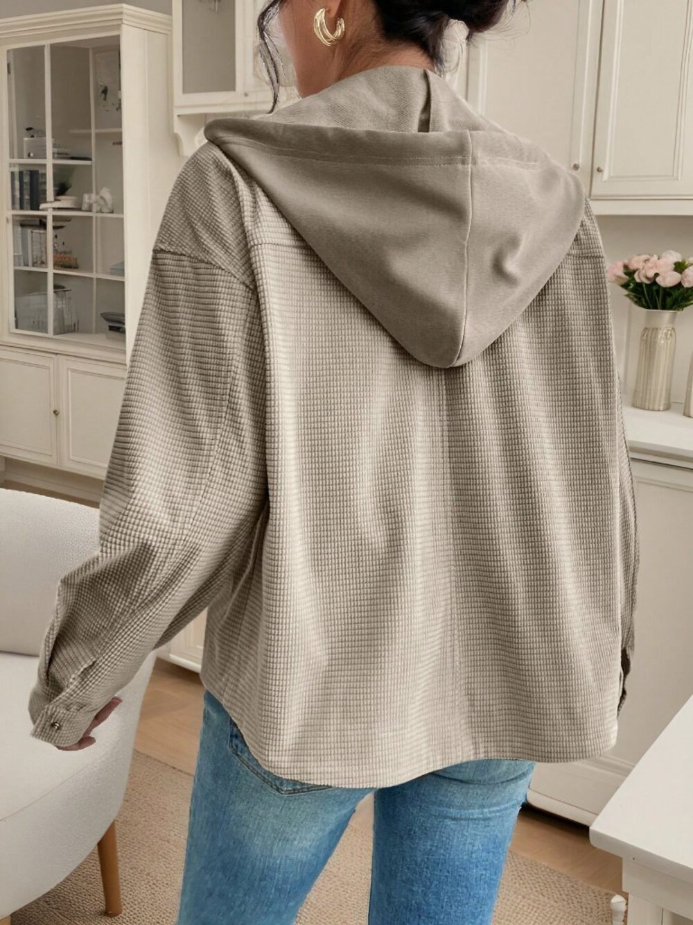 Light Grey Casual Women's Drop Shoulder Hooded Corduroy Jacket - Picture 2 of 6